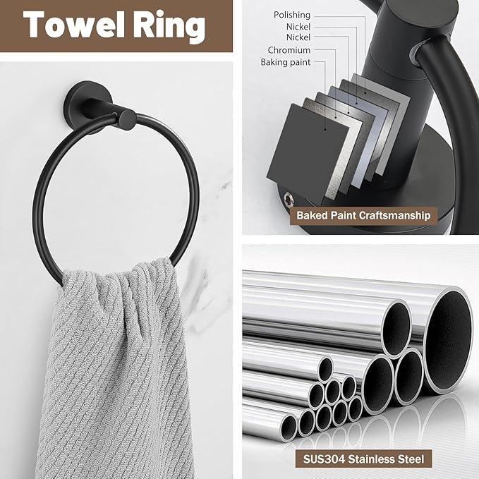 6 Pieces Matte Black Towel Bar Bathroom Hardware Set, 23.6Inch Matte Black Bathroom Accessories Towel Holder Set, SUS304 Stainless Steel Towel Racks for Bathroom - ModernBath