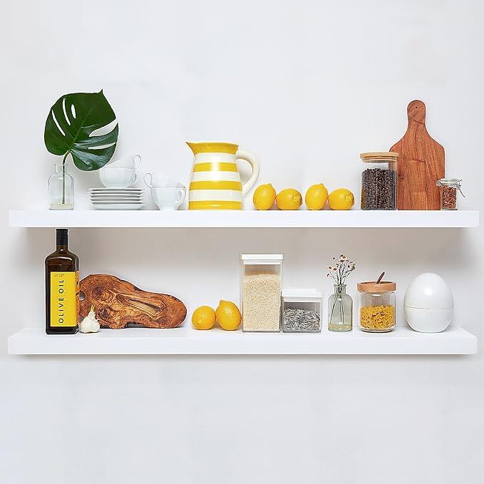 Homeforia White Floating Shelf 48 inches, High End Solid Real Wood 48inch Long Floating Shelves for Wall Mounted, White Wooden 48in Floating Shelves, Heavy Duty Bracket, 48 X 6.5 X 1.75 inch, Set of 3 - ModernBath