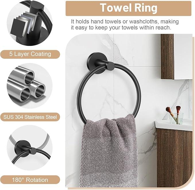 Black Bathroom Hardware Set, 4-Piece Towel Holder Set Include Double Bases Toilet Paper Holder,Towel Ring and 2 Towel Hooks Stainless Steel Wall Mounted Bathroom Hardware Accessories Set - ModernBath