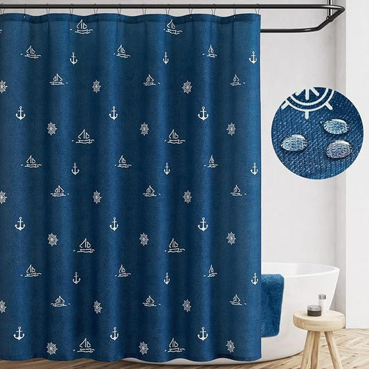 jinchan White and Navy Blue Nautical Shower Curtain Kids Cartoon Printed Waterproof Fabric Shower Curtains for Bathroom Ocean Sailboat Simple in Bath with 12 Hooks 70x72 Inches - ModernBath