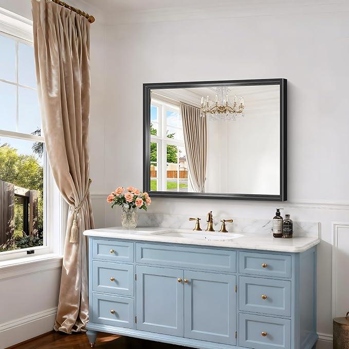 CIVENO Black Bathroom Mirror, 36 x 30 Inch Brushed Black Rectangle Mirrors for Wall, 0.6" Thickened Deep Frame Mirrors for Over Sinks, Shatterproof Tempered Glass, Antirust, Horizontally or Vertically - ModernBath