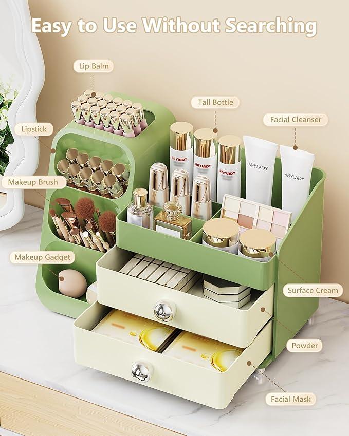 Anylady Makeup Organizer with Drawers, Skincare Organizer (Large Size Thick), Storage Box Cosmetic Display Cases, Make up Organizers for Vanity, Dresser, Desk, Kitchen, Countertop (green) - ModernBath