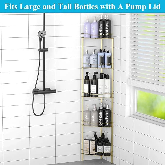 5 Tier Floor Standing Corner Shower Caddy Organizer Shelf with Hooks, Bathroom Shelves Stand Rack, Gold - ModernBath