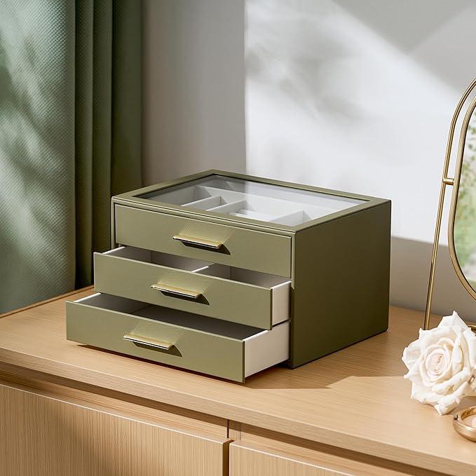Jewelry Box Organizer Case for Women: 3-Layer Jewelry Storage Case with Glass Window, Olive Green Leather with Cream Velvet, Holder for Ring Necklace Bracelet Brooch Watch, Great Gift for Her - ModernBath