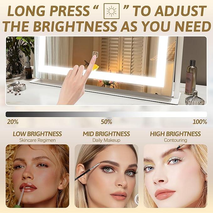 ROLOVE Vanity Mirror with Lights 22"x18", Lighted Makeup Mirror with 10X Magnification, Smart Touch 3 Colors Dimmable, 360° Rotation, Women Gift, Dresser Mount, Bathroom (White) - ModernBath