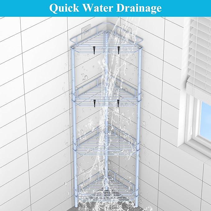 4 Tier Floor Standing Corner Shower Caddy Organizer Shelf with Hooks, Bathroom Shelves Stand Rack, Blue - ModernBath