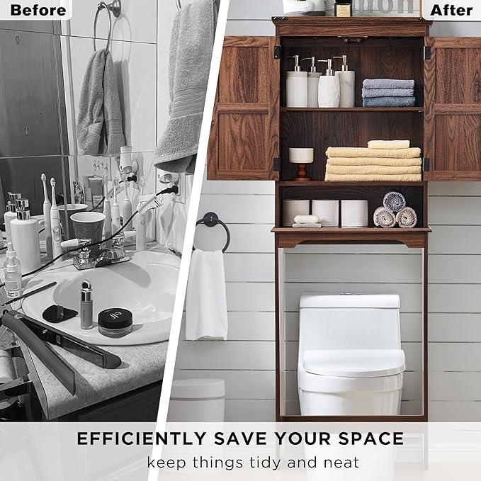 ACCOHOHO Over The Toilet Storage Cabinet, Farmhouse Bathroom Cabinet with Adjustable Shelf & Barn Door, 67" Tall Over The Toilet Shelf, Brown - ModernBath
