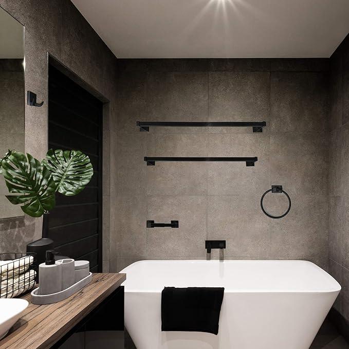 SENTO Cellar Classic Bathroom Accessories Set, Heavy Duty Metal Bath Hardware Set Wall Mounted, Includes Robe Hook, Toilet Paper Holder, Towel Ring, 18” & 24” Towel Bar (5-Piece, Matte Black) - ModernBath