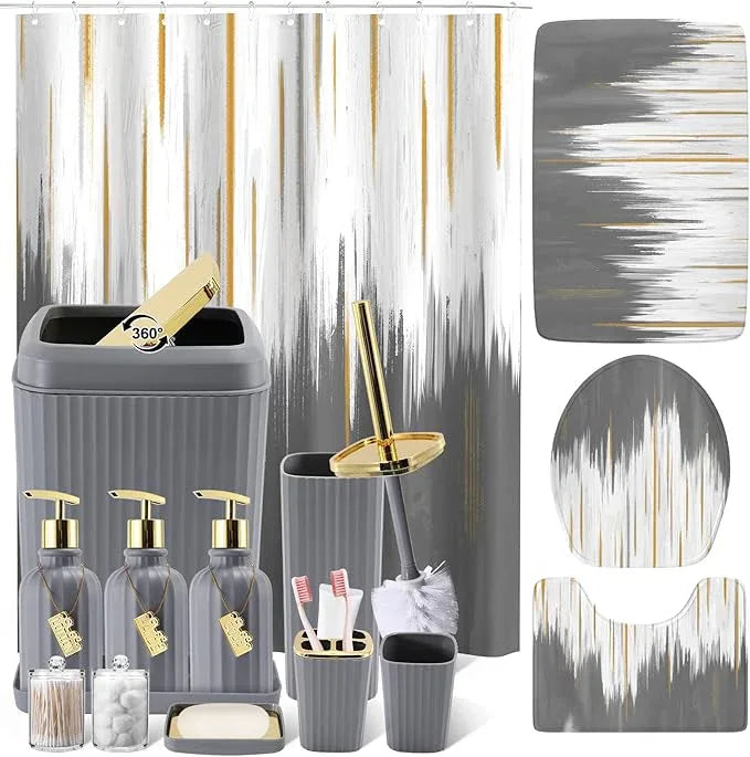 WSBArt 32PCS Bathroom Sets with Shower Curtain and Rugs-Grey Bathroom Accessories,Non Slip Bathroom Rugs Set with Toilet Lid Cover, Waterproof Shower Curtain, 3PC Soap Dispenser with Trash Can - ModernBath