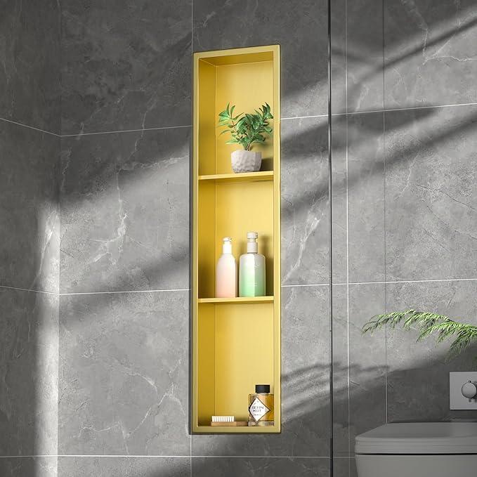 Stainless Steel Shower Niche 8"×36" with 3-Tier Shelve Gold No Tiled Needed Niche Shower for Wall Recessed Shower Shelf for Bathroom Storage - ModernBath