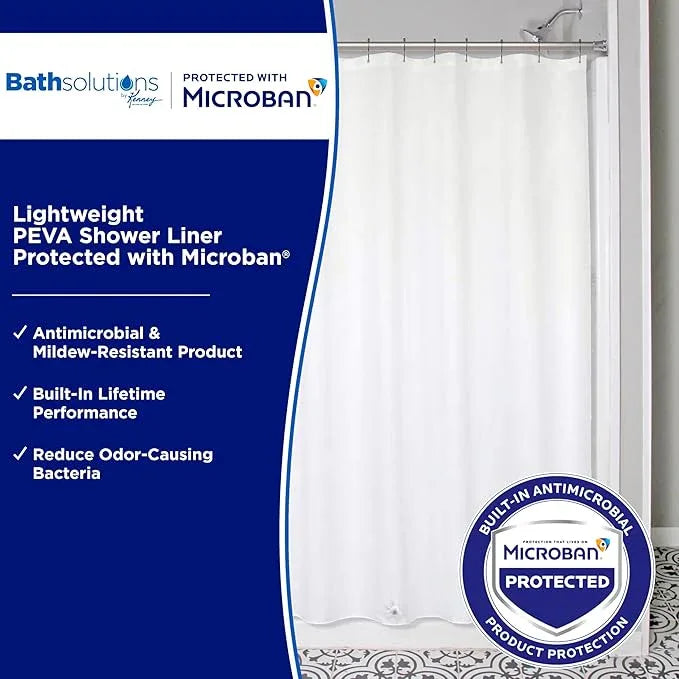 Kenney MB61121PK2 Microban Protected Lightweight 2.8 Gauge Waterproof PEVA Shower Curtain Liner with Durable Eyelet Hang Holes and Weighted Magnetic Hem for Bathroom, 70" W x 72" H, White, 2-Pack - ModernBath