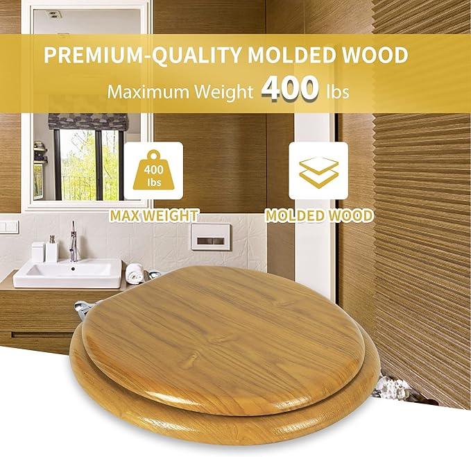 Angel Shield Durable Wood Veneer Natural Toilet Seat Metal Hinged Easy Clean Anti-scratch American Standard(Round,Oak) - ModernBath