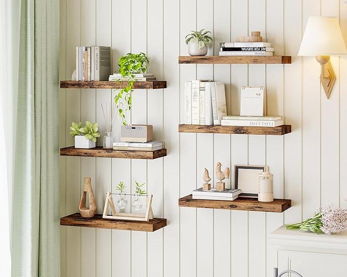 Fixwal 15.8in Floating Shelves, Set of 6 Wood Shelves, Farmhouse Shelf Wall Decor for Bathroom, Bedroom, Living and Kitchen Room (Rustic Brown) - ModernBath