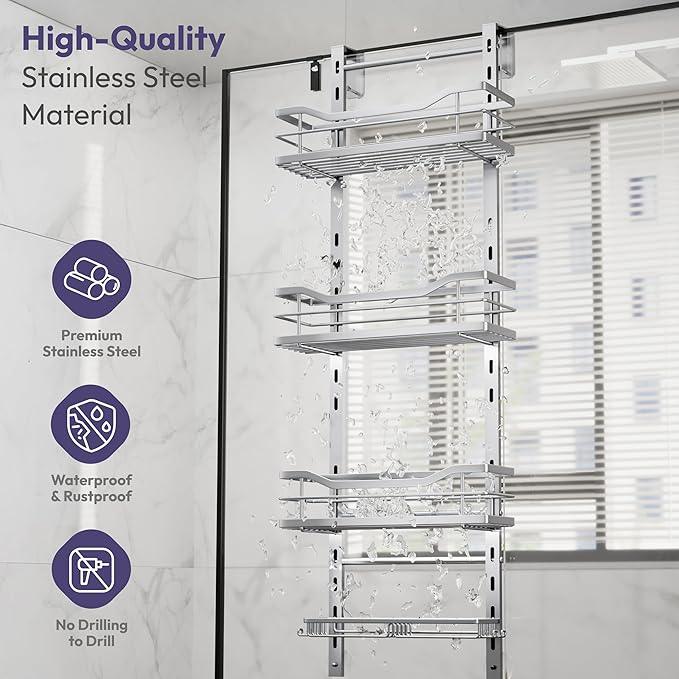 SWTYMIKI Over the Door Shower Caddy - 4 Tier Adjustable Shower Organizer Hanging with Soap Holder, No Drilling Stainless Steel Bathroom Rack Hanging for Body Wash, Shampoo, Soap, Razor, Silver - ModernBath