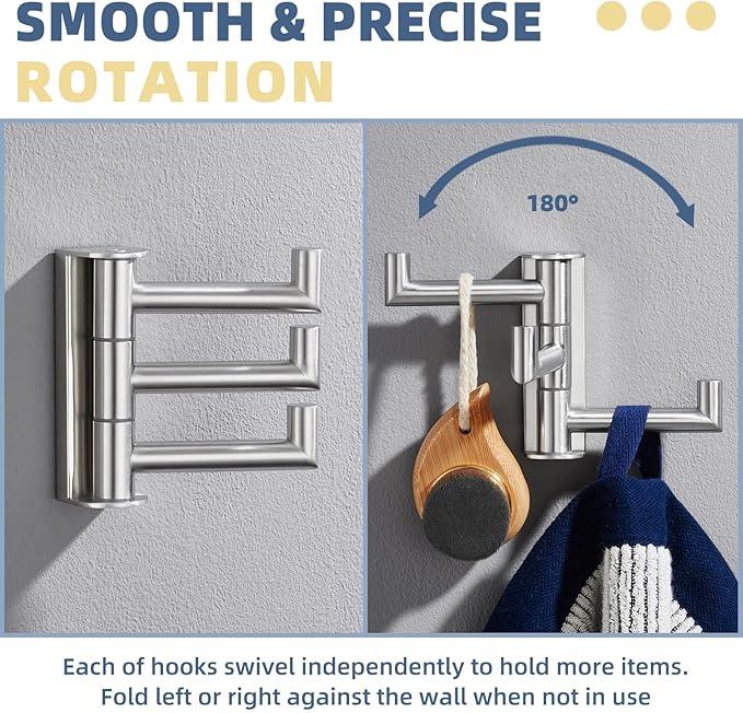 APLusee Swivel Towel Hook for Bathroom Wall Mounted, 304 Stainless Steel 3 Arms Clothes Hook, Flexible Bathroom Kitchen Wall Towel Hanger, Brushed Nickel - ModernBath