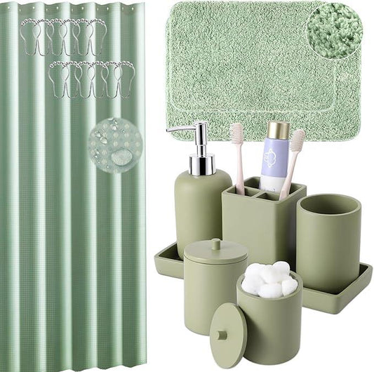 21 Pcs Bathroom Accessory Set with Waterproof Shower Curtain and Non Slip Mat,Resin Bath Set with Toothbrush Holder and Lotion Soap Dispenser,Bathroom Countertop Organizer Set for Home Apartment - ModernBath