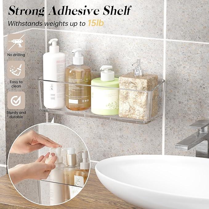 2 Pcs Clear Shower Shelf, Large Bathroom Wall Mounted Shower Caddy, No Drill Self Adhesive Bathroom Organizer with Self Adhesive Tape - ModernBath