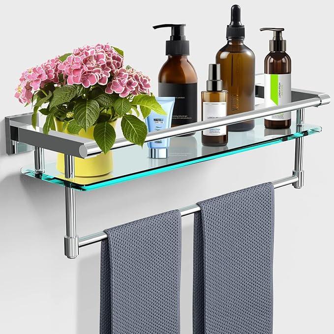 Bathroom Glass Shelf with Towel Rack Organizer Wall-Mounted Bathroom Storage SUS304 Stainless Steel Towel Bar/Track Wall-Mounted Tempered Glass Shelves (Chrome Polished, 20-inch) - ModernBath