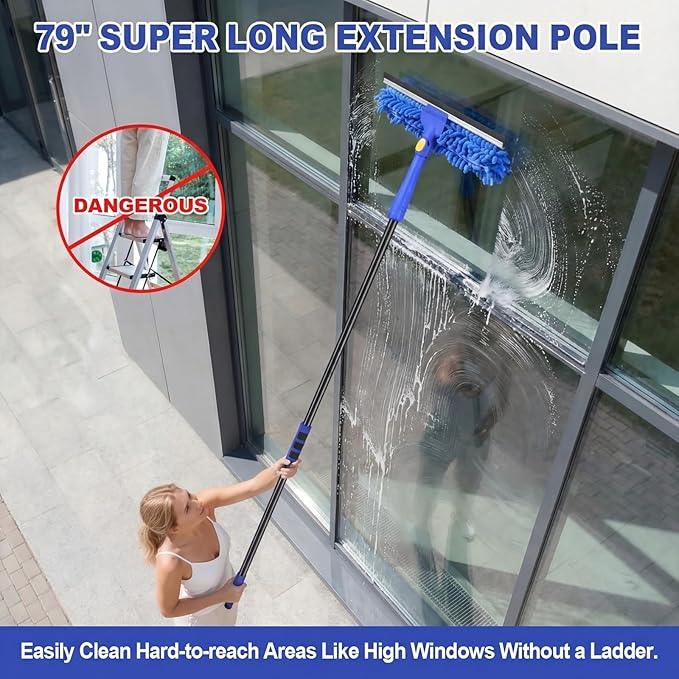 Wontolf 79'' Window Squeegee Cleaner Tool with Extension Pole, 4-in-1 Rotatable Streak-Free Squeegee for Window Cleaning Kit with Storage Bag, for Home, Indoor/Outdoor Windows, Car, Glass, Shower - ModernBath