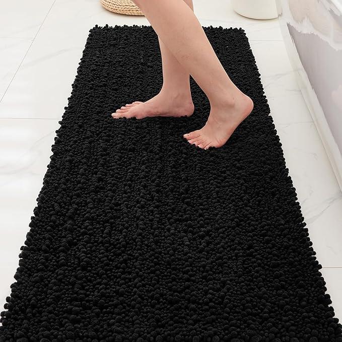 Ruggnovea Chenille Bathroom Rugs Non Slip Washable 70x24, Extra Thick Soft Absorbent Chenille Bath Mat, Non-Slip Barrier Backing, Quick Dry Machine Washable Bath Mats Tub, Shower,Floor/Sink,Black - ModernBath
