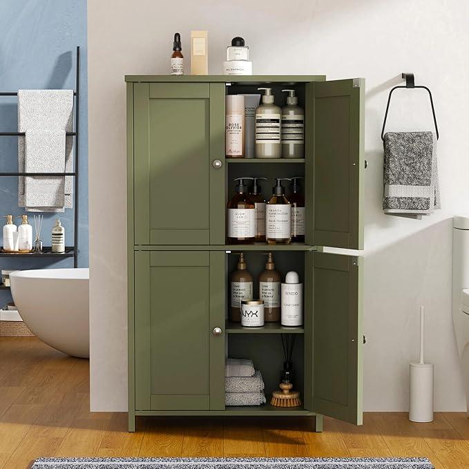 Vongrasig Modern Bathroom Storage Cabinet for Small Spaces: Slim Floor Cabinet with 4 Doors & Adjustable Shelves, Freestanding Organizer for Bathroom, Kitchen Corner, or Apartment Living Room, Green - ModernBath