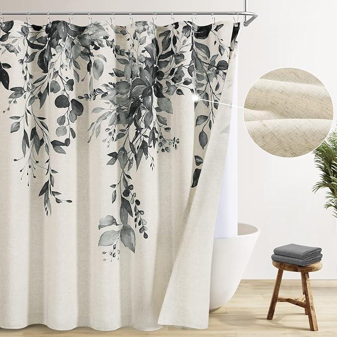 BOODII Dark Gray Farmhouse Linen Shower Curtains Set Slate Floral Eucalyptus Cloth Fabric Bathroom Curtain with Liner Nature Grey Leaf Double Shower Curtain Rustic Tan Grey Dove Decoration 72x72 - ModernBath