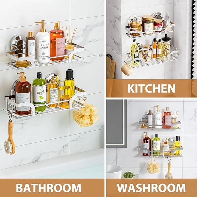 LEVERLOC Shower Caddy Suction Cup 2 Pack, Shower Shelf for Inside, Large Capacity Bathroom Organizers and Storage, Rustproof & Waterproof Metal Bath Basket, No-Drilling, Heavy Duty, Silver - ModernBath