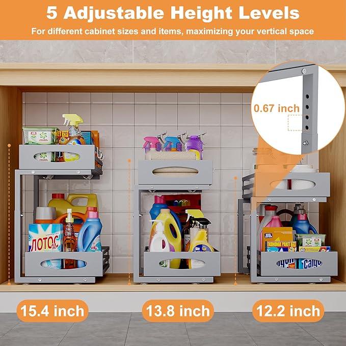 Under Sink Organizer, 2 Tier Under Sink Organizers and Storage, Adjustable Height, Slide out Metal Cabinet Organizers, Pull out Cabinet Storage Drawer Shelf for Kitchen Bathroom - ModernBath