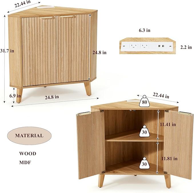 HOMREST Fluted Corner Cabinet with Storage and Power Outlet, Adjustable Shelve, Freestanding Sideboard Buffet Cabinet, Multifunctional Organizer for Living Room Kitchen, Bathroom (Natural) - ModernBath