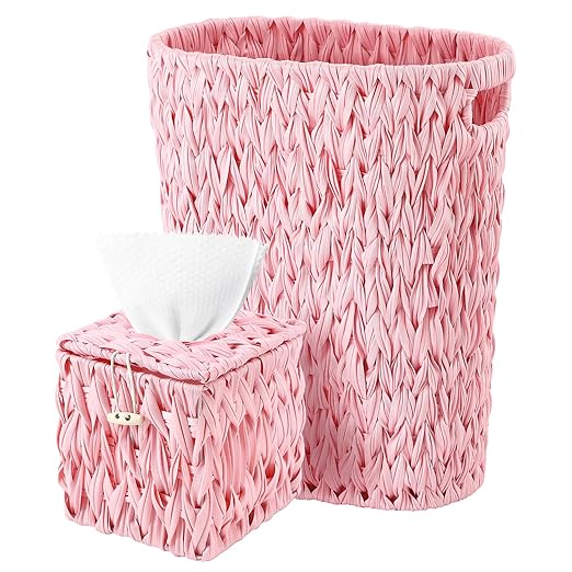 BSSN Wicker Trash Can & Square Tissue Box, Handwoven Waterproof Waste Basket with Handles, Wicker Home Set for Bedroom, Bathroom, Kitchen, Office, Balcony, Pink