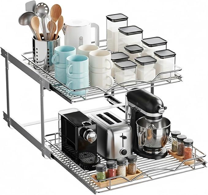 HOLDN’ STORAGE Two Tier Pull Out Cabinet Organizer, Individual Sliding Drawers - Heavy Duty Metal with Lifetime Limited Warranty - Anti Rust Chrome Finish - 22" W x 21”D x 16.5" H - ModernBath