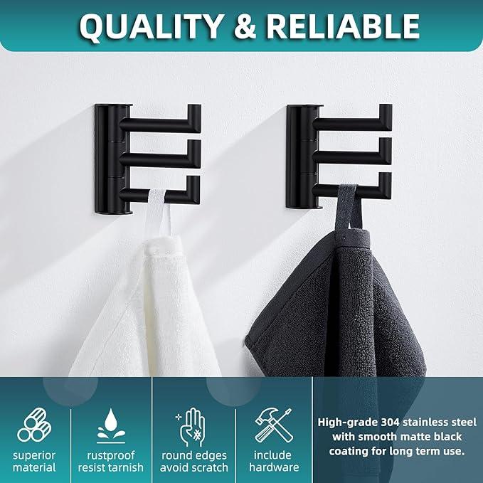 Angle Simple Swivel Towel Hooks for Bathroom, SUS 304 Stainless Steel Foldable 3 Arms Robe Towel Holder, Shower Wall Coat Hooks, Matte Black, 2 Pack - ModernBath