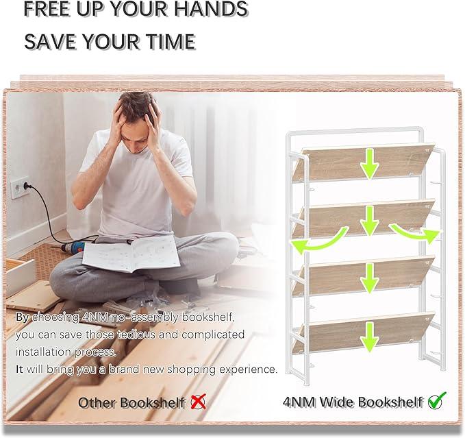 4NM No Assembly Extra Wide 4 Tiers Folding Bookshelf Storage Shelves Vintage Bookcase Standing Racks Study Organizer Home Office (Natural White) - ModernBath