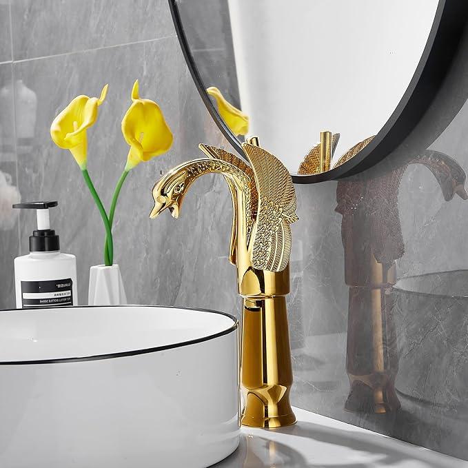 GGStudy Gold Swan Shape Single Handle One Hole Bathroom Vessel Sink Faucet Deck Mount Lavatory Sink Faucet - ModernBath
