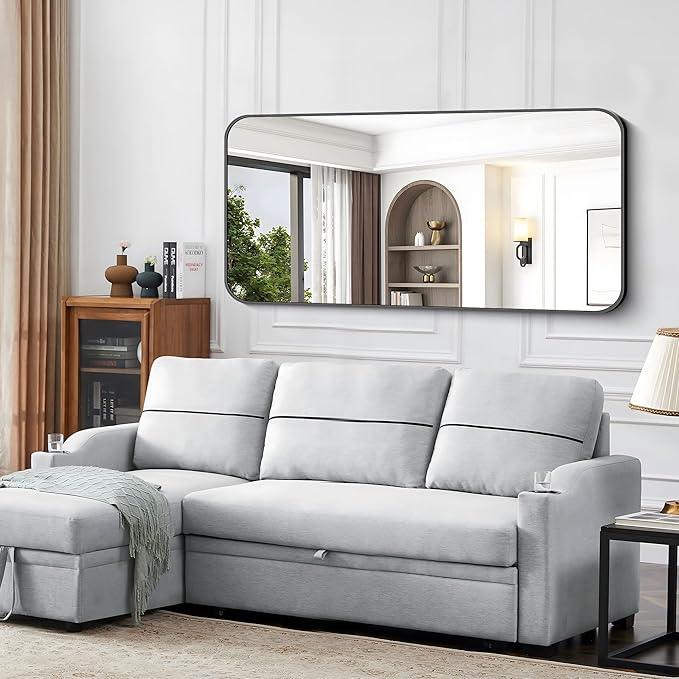 CIVENO Black Bathroom Mirror, 66x30 inch Aluminum Metal Frame Rectangular Vanity Mirror, Large Wall Mounted Rectangle Mirrors with Rounded Corner for Over Sink Bedroom Living Room Horizontal/Vertical - ModernBath
