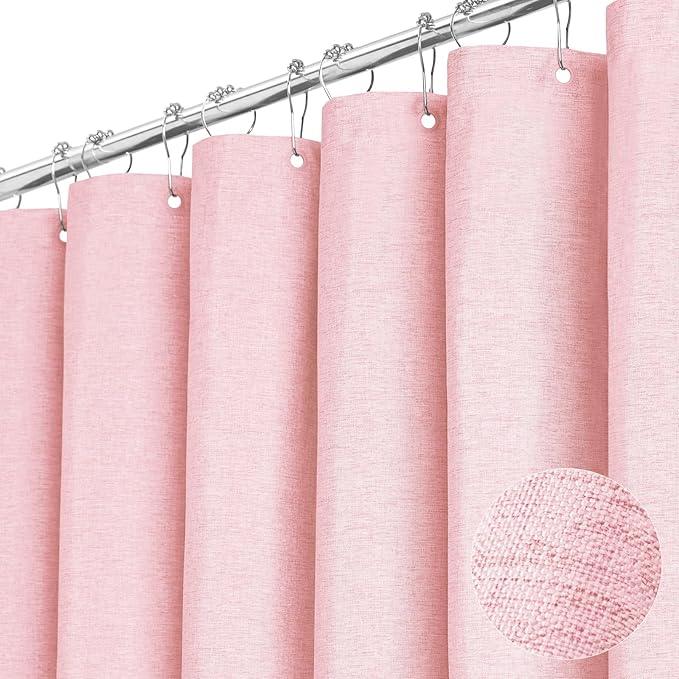 BTTN 78 Inch Long Shower Curtain - Linen Textured Heavy Duty Fabric Shower Curtain Set with 12 Plastic Hooks, Wrinkle Free, Machine Washable, Decorative Neutral Bath Curtains for Bathroom, 72x78, Pink - ModernBath