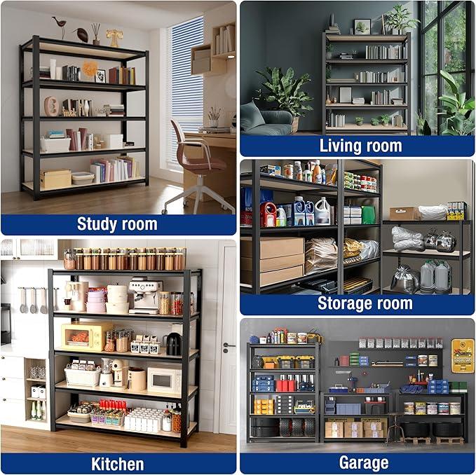WORKPRO House 5-Tier Shelving Unit, Adjustable Heavy Duty Storage Shelves, Wood Grain Pattern, Waterproof Board, 3000lbs Boltless Shelving for Kitchen, Living Room, Garage, 48"W x 24"D x 72"H, Black - ModernBath