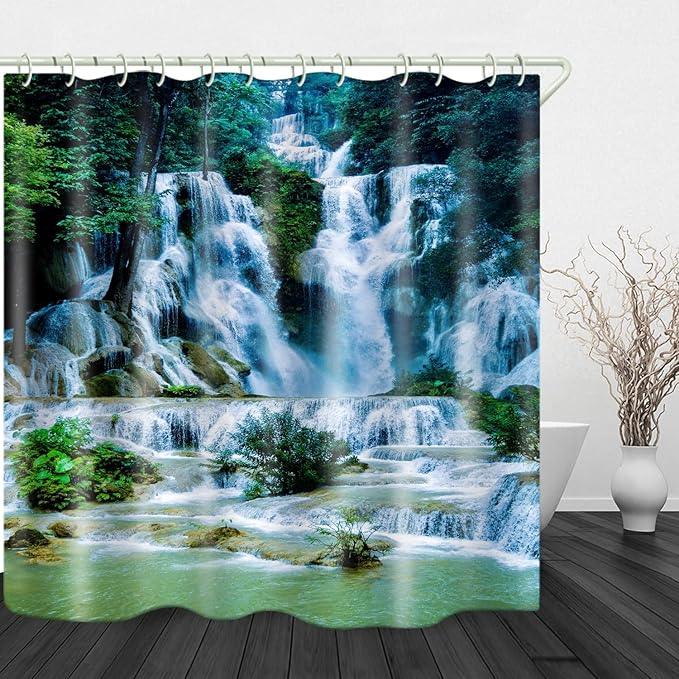LYFANS Shower Curtains Waterproof Polyester Fabric,Large Width Bright Partition Curtain with Waterfall Pool Print,Shower Curtain Liner for Bathtub Bathroom with 12 White Hooks （72 x72 inches） - ModernBath