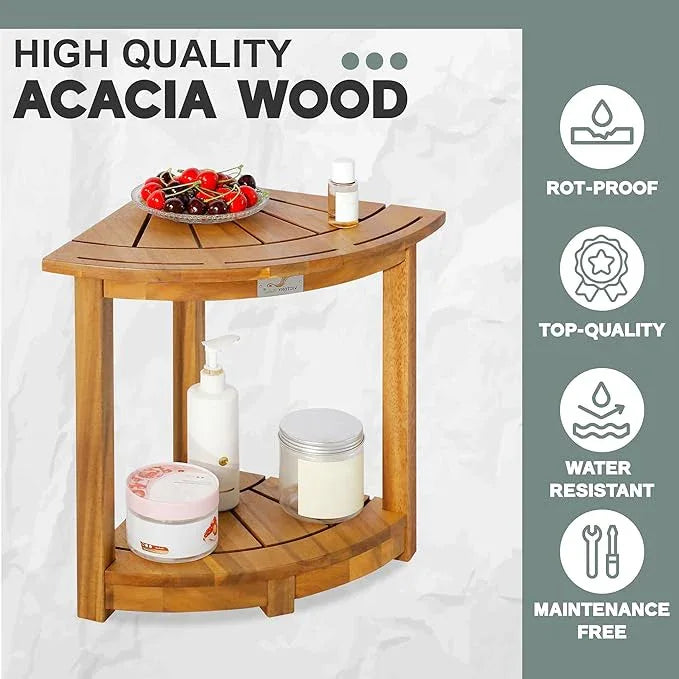 VICTORY RELAX Acacia Wood Corner Shower Stool - Waterproof Triangular Bathroom Bench with Storage Shelf & Soap Dish for Shaving, Natural Wood (17.9x12.7x16.5) - ModernBath