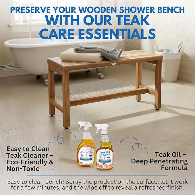 EcoDecors Eleganto 35 Inch Natural Color Waterproof Teak Wood Shower Bench Stool Seat Chair For Inside Shower Provides Safety, Storage, and Organization For Bathroom Accessories - ModernBath