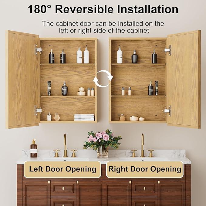 16x24 Inch Wood Medicine Cabinet with Mirror, Surface or Recessed Mounted Bathroom Cabinets with Adjustable Shelves, Soft-Close Hinges, Wall Mounted Cabinet for Storage, Oak-Grain - ModernBath