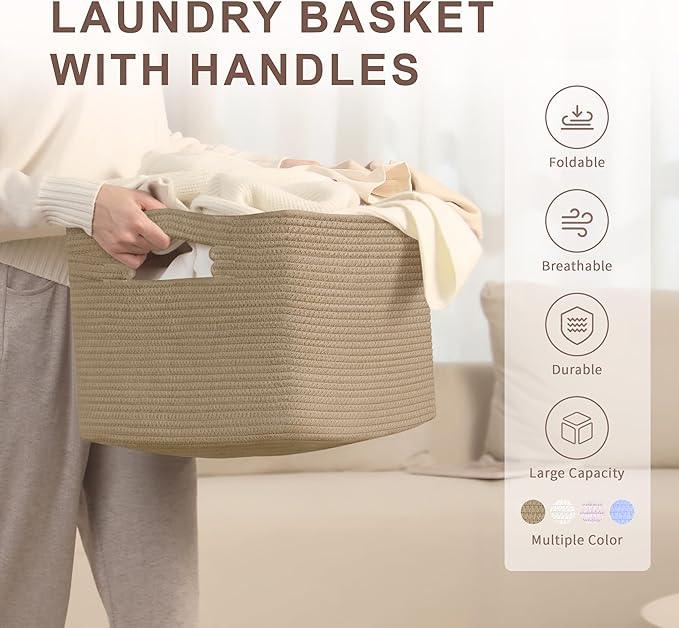 45L Small Wicker Laundry Basket for Living Room Storage,Cute Boho Woven Cotton Rope Baskets for Kids Toy,Gifts,Square Blanket Hamper for Bedroom Dirty Clothes,Jute - ModernBath
