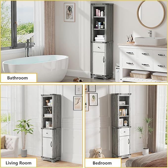 63 Inch Tall Corner Cabinet, Modern Corner Storage Cabinet with Door & Adjustable Shelves & Drawers, Anti-Tipping Free Standing Linen Tower for Bedroom, Bathroom, Kitchen, Pantry (Grey) - ModernBath