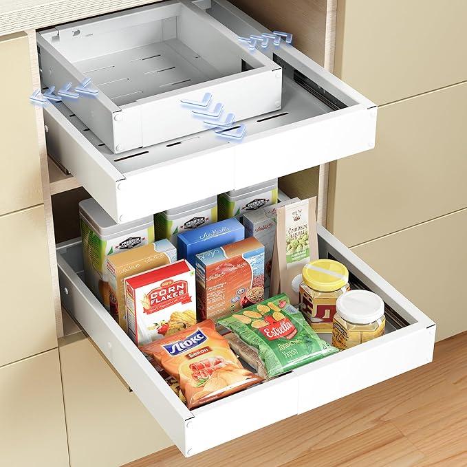 2 Pack Pull Out Drawers for Cabinets, Slide Out Drawer Expandable Width (10"-15") and Depth (11"-17") With 3 Slides, Fixed with Adhesive Film & Nail for Cabinets in Kitchen, Pantry or Bathroom - White - ModernBath