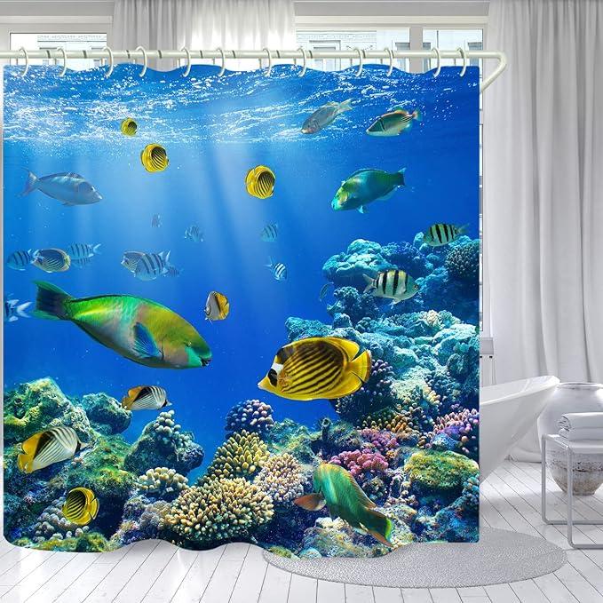 LYFANS Waterproof Polyester Fabric Shower Curtains, Seaworld Print Large Width Partition Curtain, Bathtub Shower Curtain Liner, 12 White Hooks (72x72 inches) - ModernBath