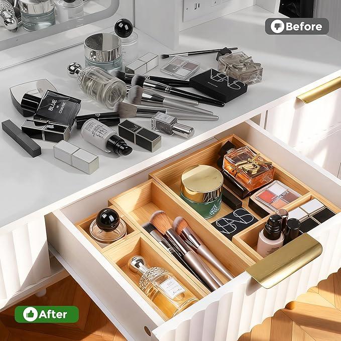 Bamboo Drawer Organizer Set, 14 PCS Multi-Use Individual Wood Storage Organizers, Junk Drawer Divider and Storage Trays Containers for Kitchen, Bathroom, Office Desk, Makeup, Jewelry, Utensils - ModernBath