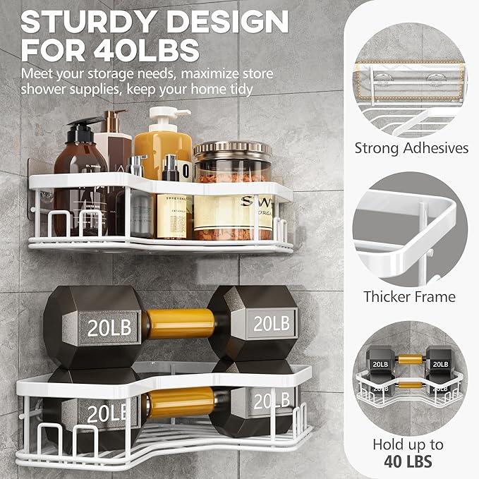 MAXIFFE 3 Pack X-Large Corner Shower Caddy with Soap Holder, Large Capacity Sturdy Easy Install No Drilling Stainless Steel Hold 40 LB Shower Organizer Shelves Rack for Family Renters Bathroom, White - ModernBath