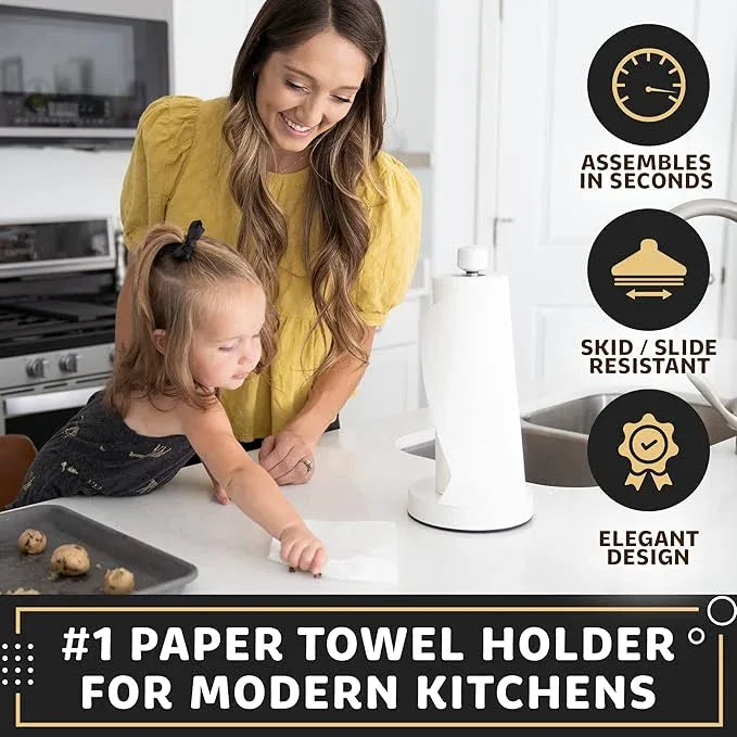 Dear Household Stainless Steel Paper Towel Holder Easy One-Handed Operation - This Sturdy Weighted Paper Towel Dispenser Countertop Model Has Suction Cups and Holds All Paper Towel Rolls - White - ModernBath