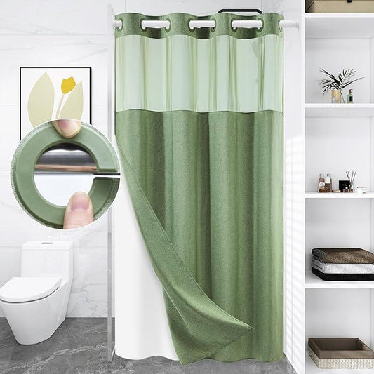 WONICY Small No Hook Shower Curtain with Snap in Liner, Polyester Textured Shower Curtain with Liner Set, Waterproof Washable Hotel Style Shower Curtains for Bathroom, 54Wx80H, Sage Green - ModernBath