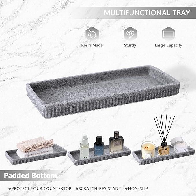 XLHOMO Resin Grey Bathroom Accessories Set 5 Pcs, Lotion Soap Dispenser, Toothbrush Holder, Bathroom Tumbler, Qtip Holder and Vanity Tray, Bathroom Countertop Organizer Set for Modern Home Apartment - ModernBath